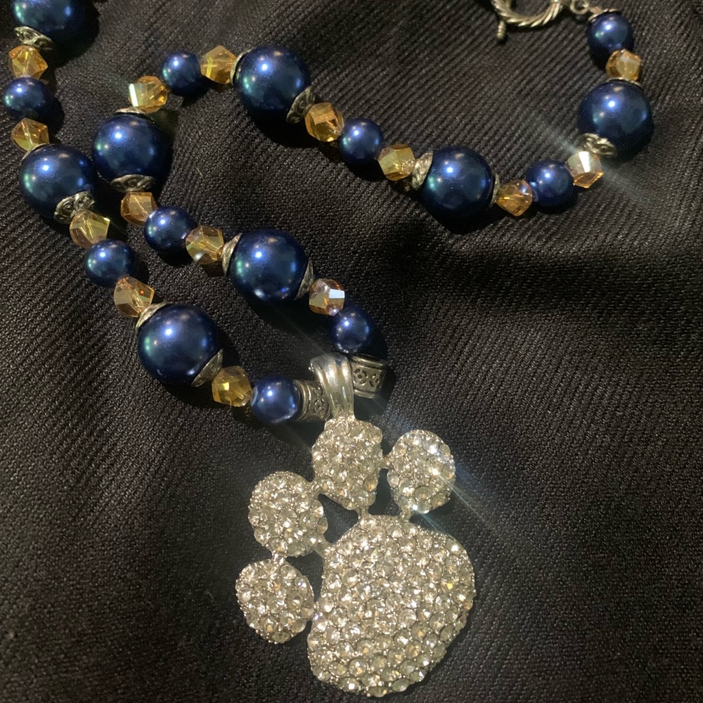 Blue and Glass Gold Beaded Necklace with Rhinestones 2”x2” Tiger Paw Pendant